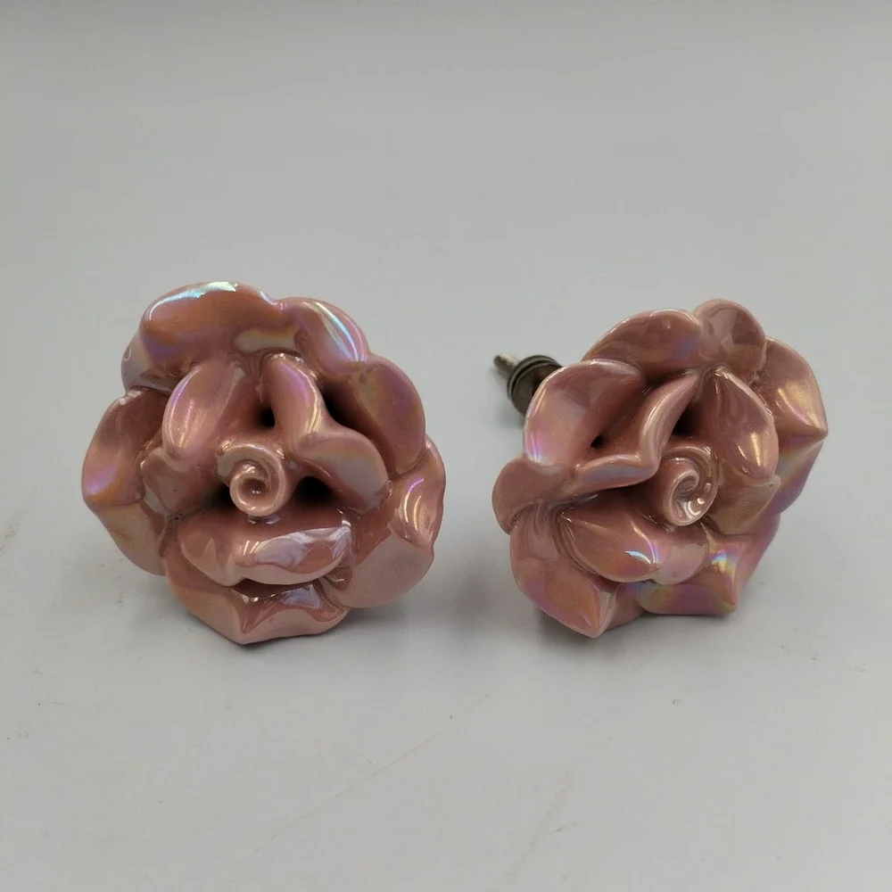Set of 10 Vintage Pink Iridescent Ceramic Rose Cabinet Knobs Shabby Chic Flower